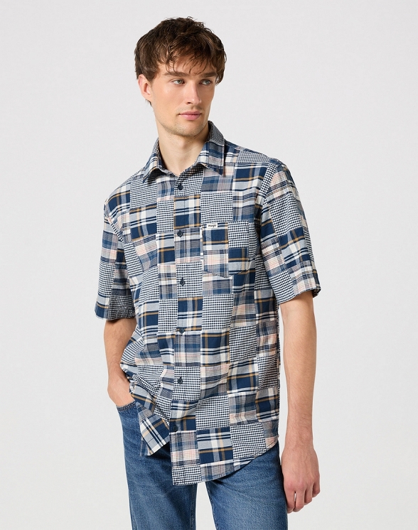 Koszula Męska Wrangler Ss 1 Pkt Shirt Blue Patchwork 112350504